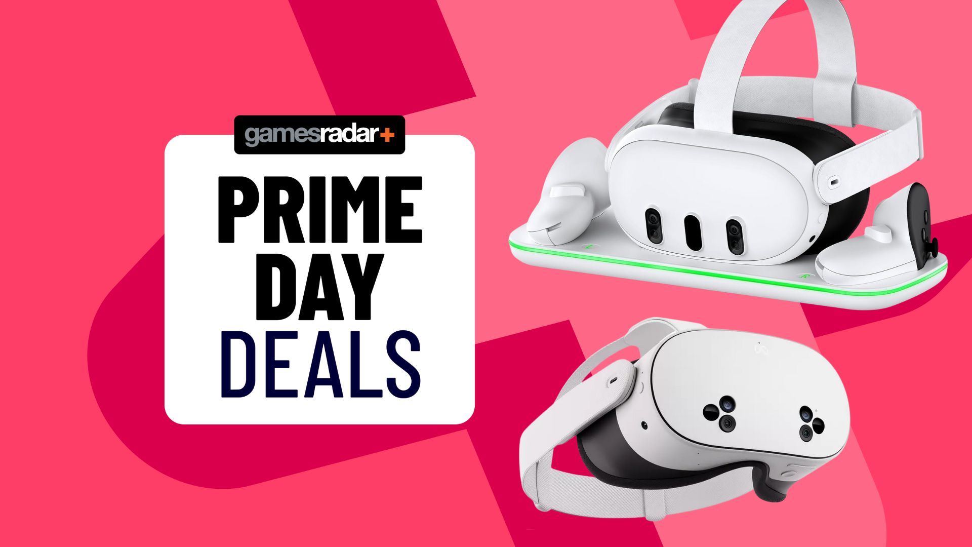 A Meta Quest 3 and 3S on a pink background, with a Prime Day deals stamp next to them