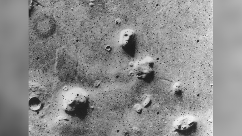 'Face on Mars' image taken by NASA's Viking 1 orbiter, in grey scale, on July, 25 1976. Image shows a remnant massif located in the Cydonia region.
