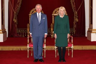 Prince Charles, Prince of Wales and Camilla, Duchess of Cornwall in the Ballroom during the The Queen's Anniversary Prizes at Buckingham Palace