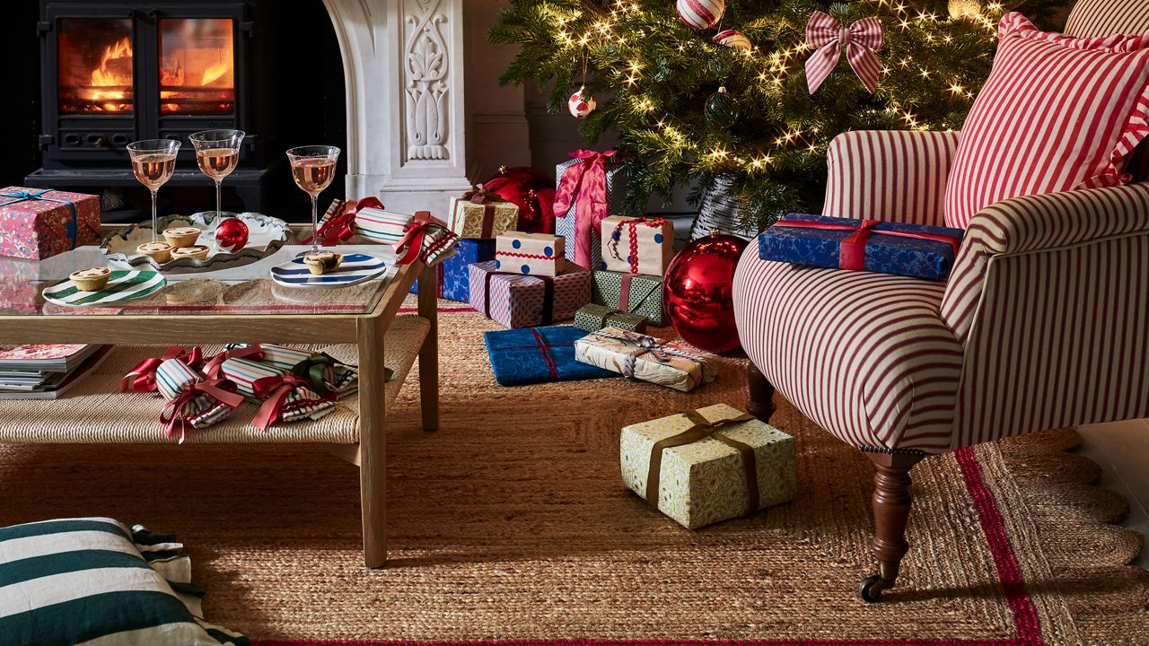 christmas tree fireplace presents stripy armchair