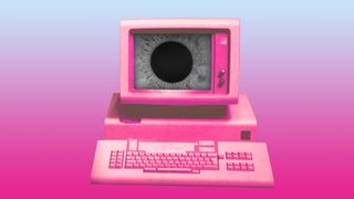 An old IBM PC recolored pink with an ominous eye on screen.