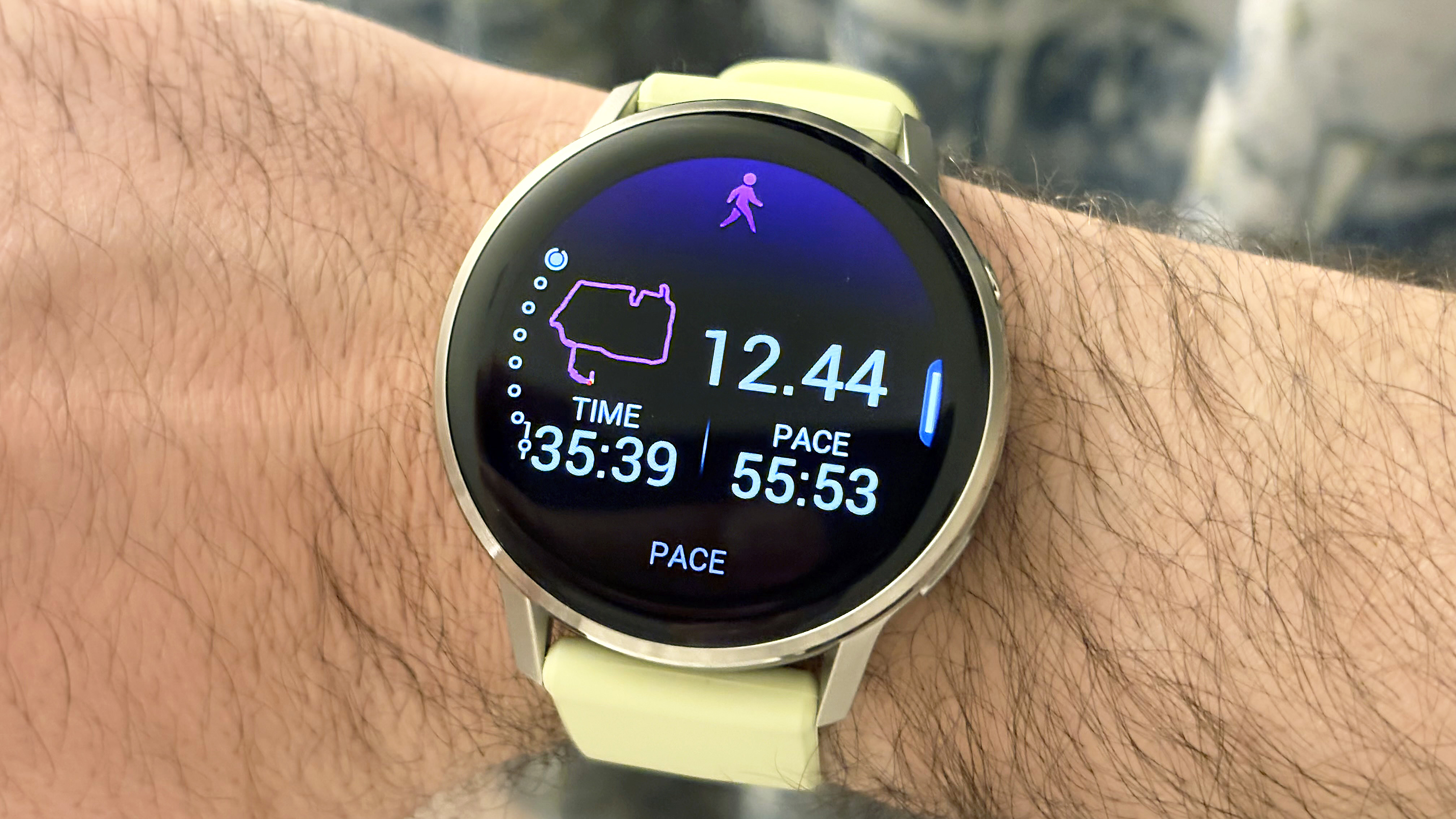 Close-up of the Garmin Venu 4 on a user's wrist