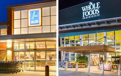 A side-by-side image shows the storefronts of Aldi and Whole Foods