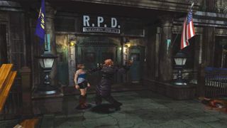 Resident Evil Nemesis screenshot of Jill Valentine being attacked by Nemesis outside the Raccoon City Police Department.