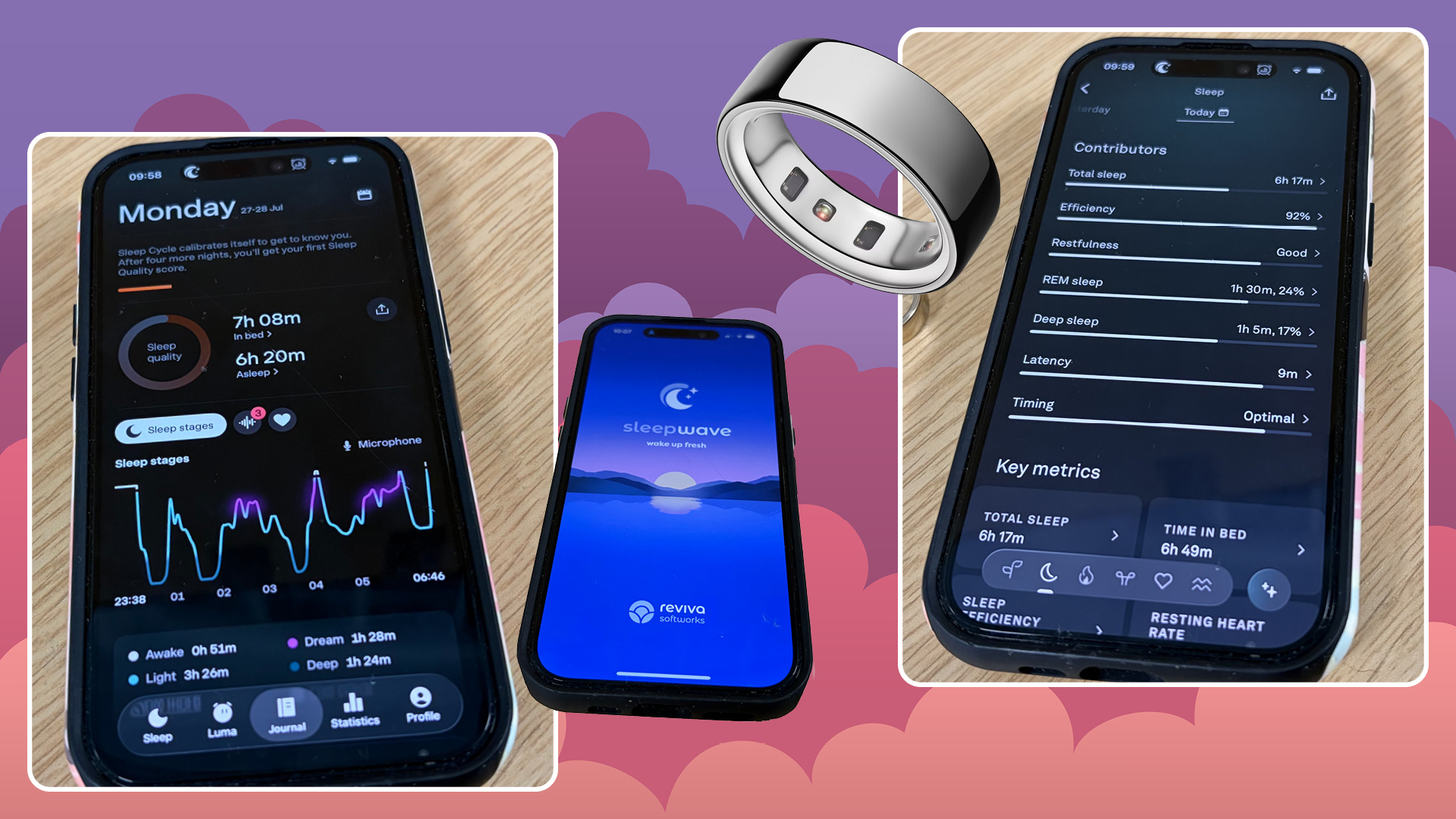 A collage featuring photos of my Sleep Cycle app, my Sleepwave app, an Oura Ring, and my Oura App. 
