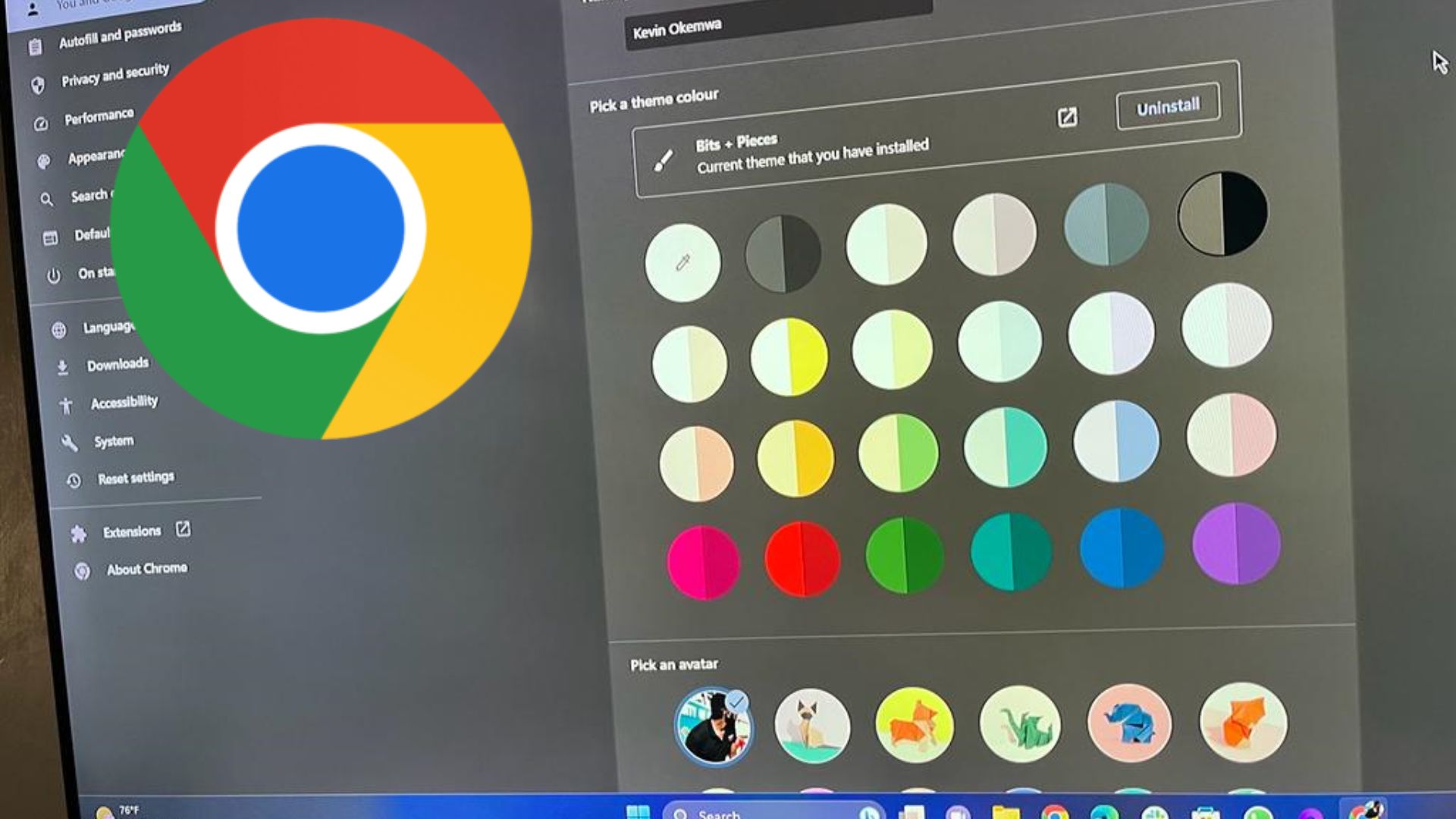 Paleta de colores del tema de Google Chrome en el panel Personalizar Chrome