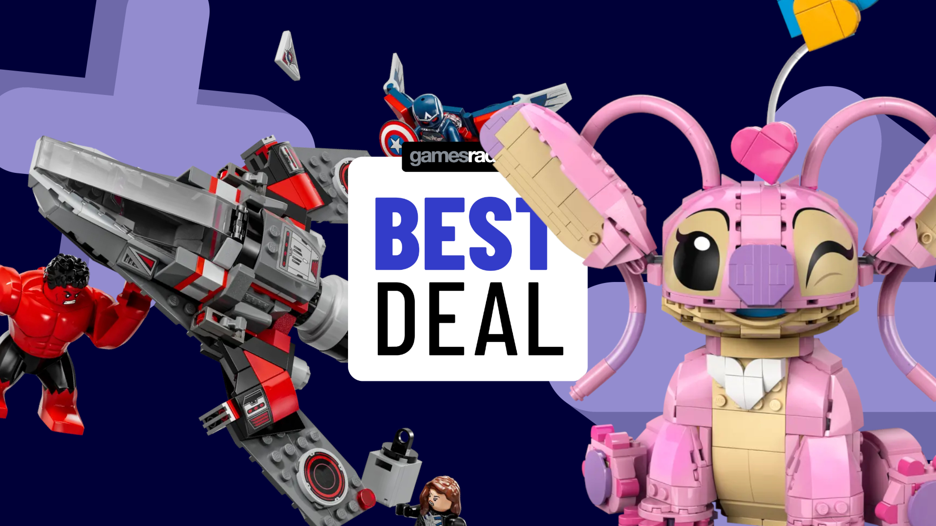Lego Captain America vs. Red Hulk and Angel sets on either side of a GamesRadar+ 'best deal' badge, against a blue background