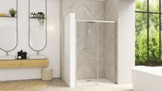 A shower enclosure in a modern bathroom