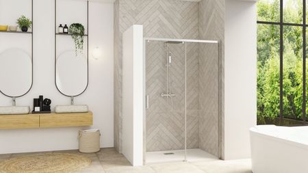 A shower enclosure in a modern bathroom