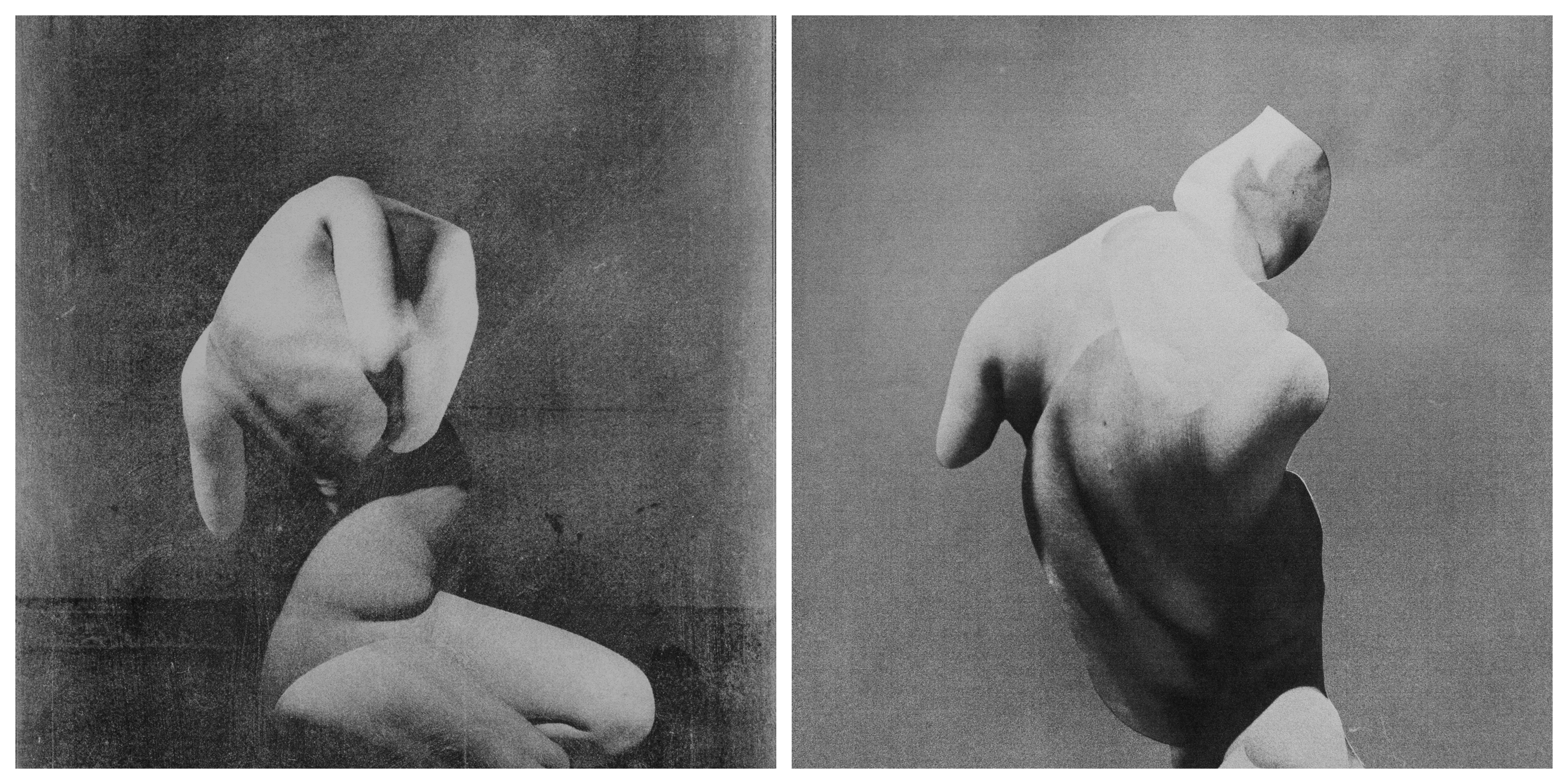 two black and white photos of a white art sculpture