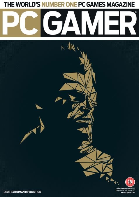 Adam Jensen on the cover of PC Gamer magazine, September 2011