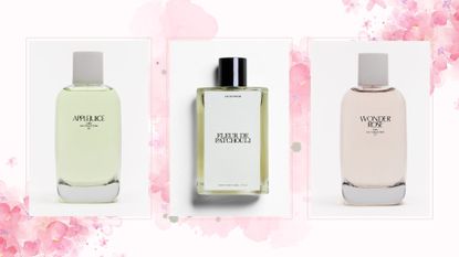 Collage of three of the best zara perfumes, applejuice, fleur de patchouli, wonder rose 