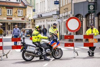 Dutch police block streets during the 2021 Amstel Gold Race in Valkenburg