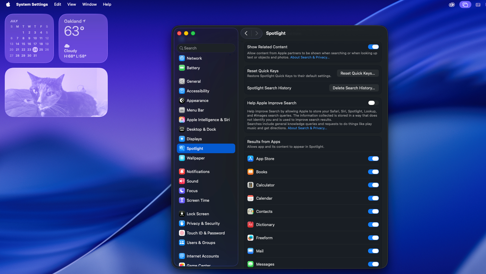 macOS Tahoe Spotlight Search Settings menu
