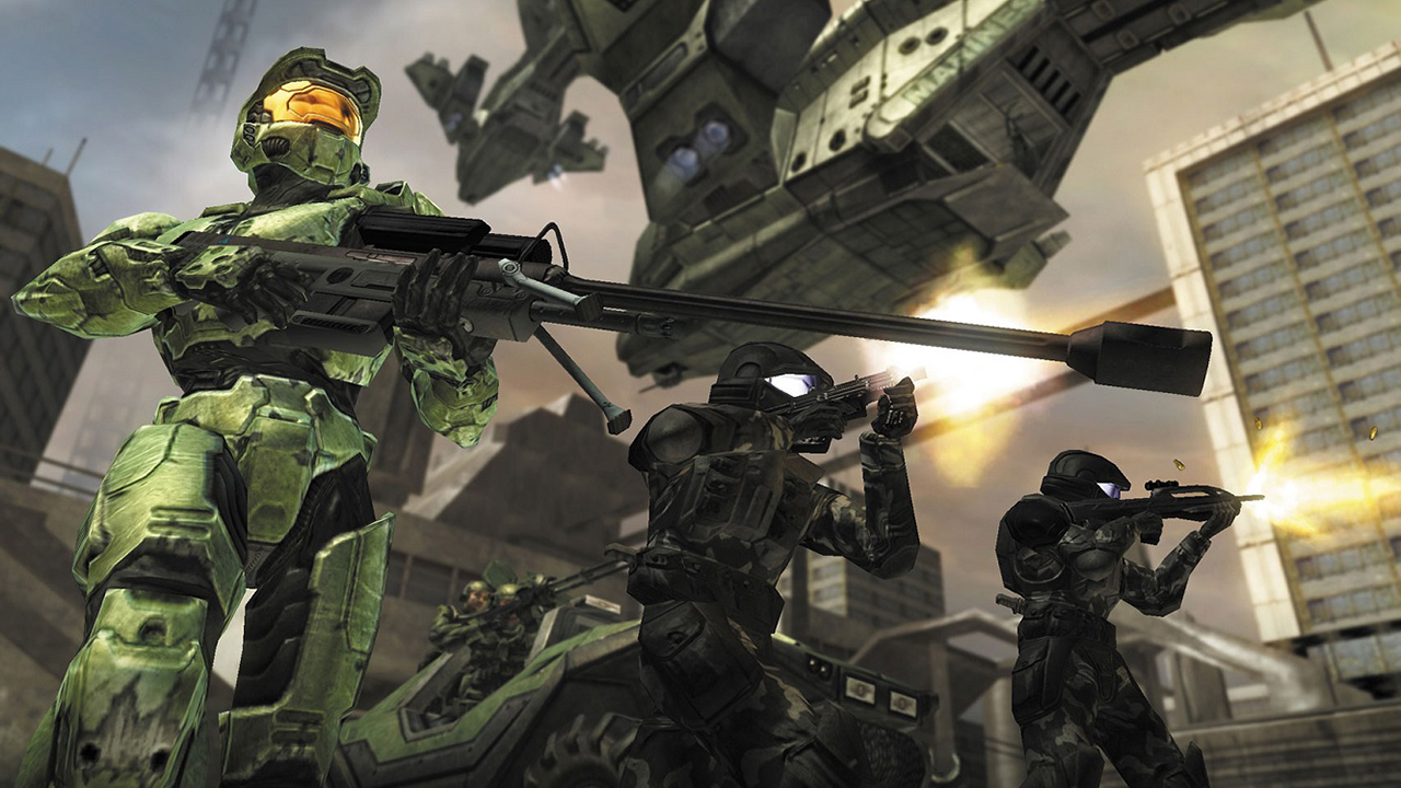 A soldier in green armor holding a sniper rifle, with two soldiers running alongside him and a green dropship flying above.