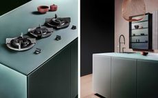 Light blue glass fronted kitchen