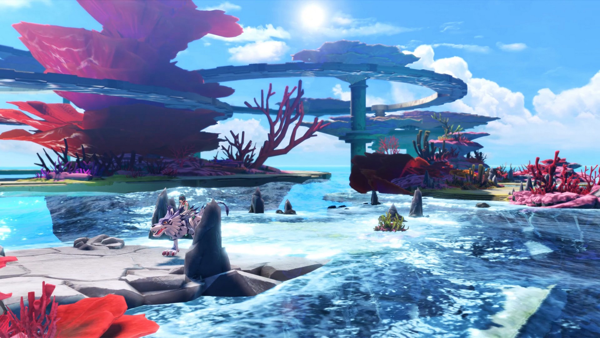 A hacker rides Garurumon through an ocea themed area in Digimon Story: Time Stranger