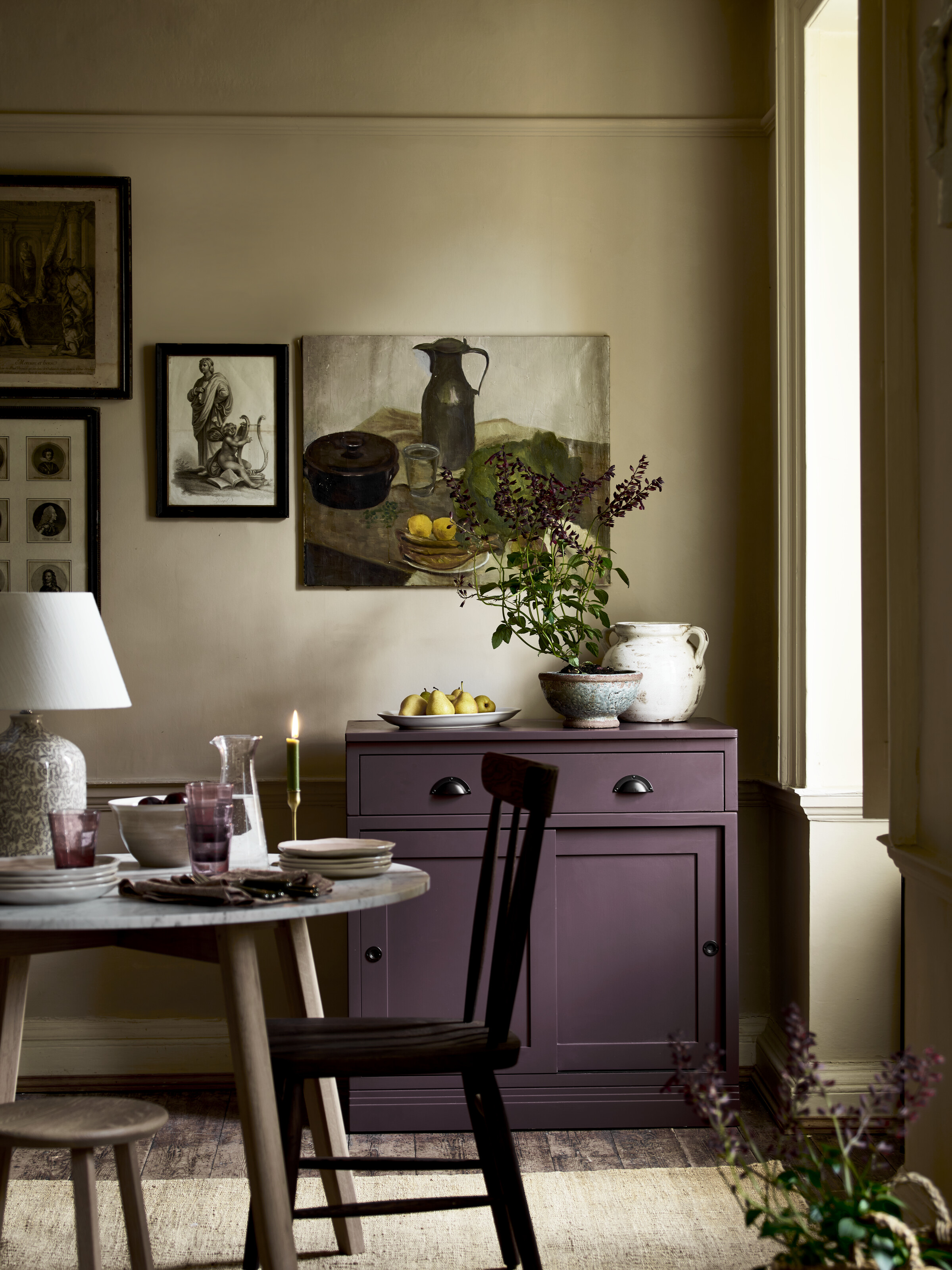 purple painted sideboard in dining room by Neptune