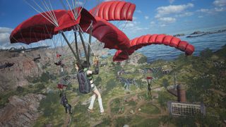 Yuffie, Barret, and Tifa in Final Fantasy 7 Revelation parachute towards a land mass