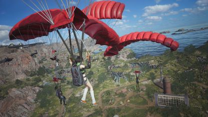 Yuffie, Barret, and Tifa in Final Fantasy 7 Revelation parachute towards a land mass