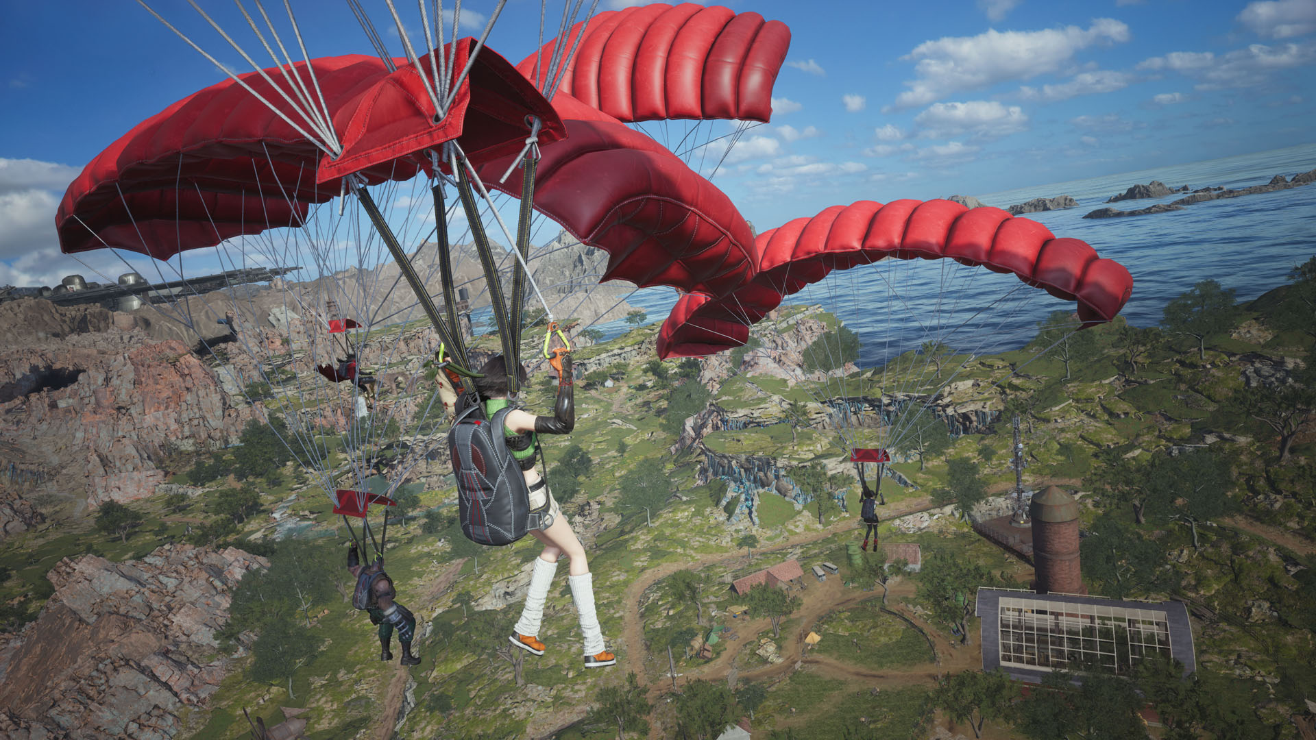 Yuffie, Barret, and Tifa in Final Fantasy 7 Revelation parachute towards a land mass