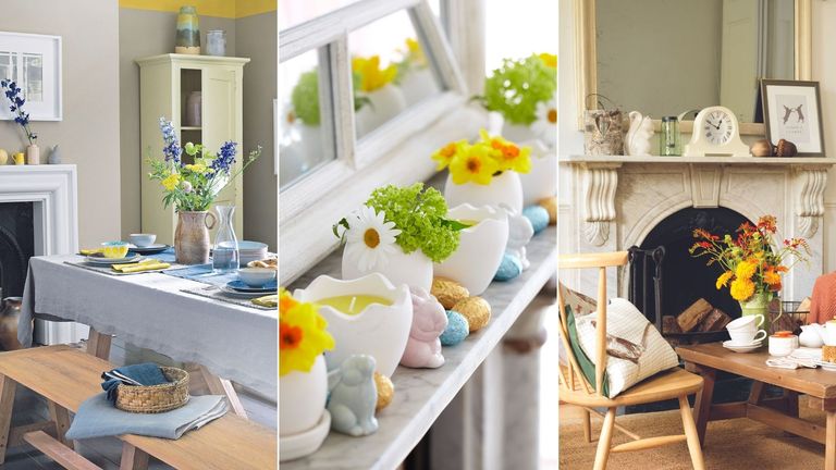 A composite image showing three different Easter mantel decor ideas