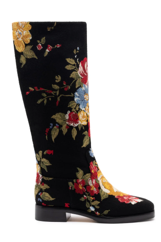 Larroudé X Markarian Flat Boot in Black Wool and Floral Embroidery