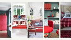 Collage of five different rooms to show the power of the unexpected theory of red in interior design