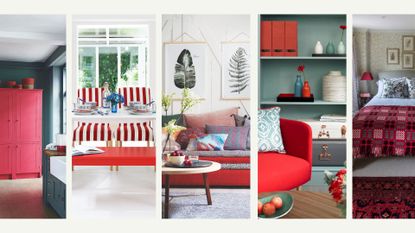 Collage of five different rooms to show the power of the unexpected theory of red in interior design