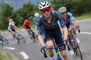 Team Visma - Lease a Bike team's US rider Matteo Jorgenson leads a breakaway in the ascent of the Col de Vars during the 19th stage of the 111th edition of the Tour de France cycling race, 144,6 km between Embrun and Isola 2000, in the French Alps, on July 19, 2024. (Photo by Thomas SAMSON / AFP)