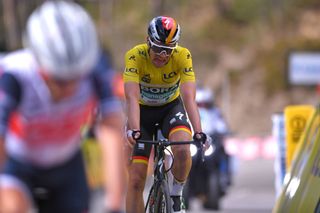 VALDEBLORE LA COLMIANE FRANCE MARCH 14 Arrival Maximilian Schachmann of Germany and Team Bora Hansgrohe Yellow Leader Jersey during the 78th Paris Nice 2020 Stage 7 a 1665km stage from Nice to Valdeblore La Colmiane 1500m Paris Nice 2020 final stage as part of the fight against the spread of the Coronavirus ParisNice parisnicecourse PN on March 14 2020 in Valdeblore La Colmiane France Photo by Luc ClaessenGetty Images