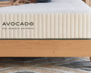 Avocado Eco Organic Mattress on corner of wooden bed frame