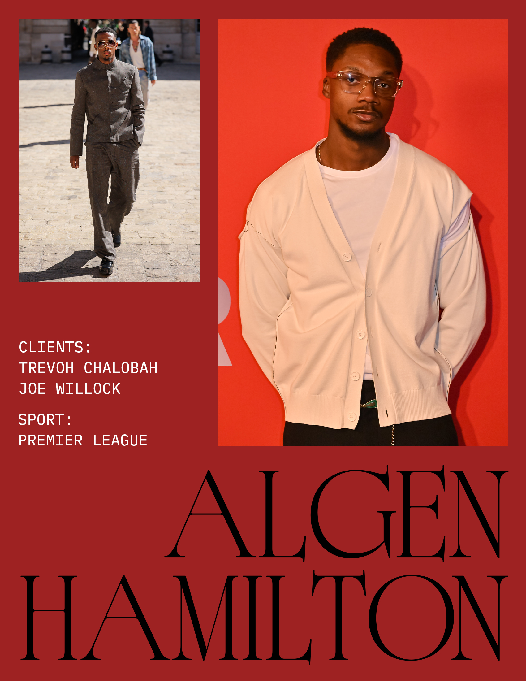 A dark red slide spotlighting the sports stylist Algen Hamilton and one of his top clients, Joe Willock, who plays for Newcastle United in the Premier League.