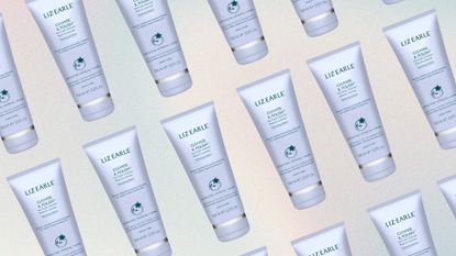 Repeating images of Liz Earle's purple tubes of Cleanse and Polish Relaxing Edition, on a pastel watercolour background