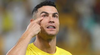 Cristiano Ronaldo gestures ahead of Al-Nassr's Saudi Pro League game against Damac in October 2023.