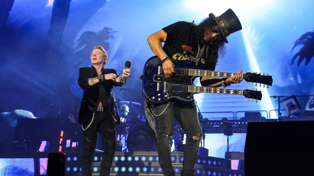 Axl Rose and Slash of Guns N&#039; Roses perform onstage during the Power Trip music festival at Empire Polo Club on October 06, 2023 in Indio, California. 