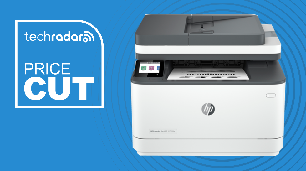 HP Laserjet Pro MFP 3101sdw printer on a blue background next to the words techradar and price cut