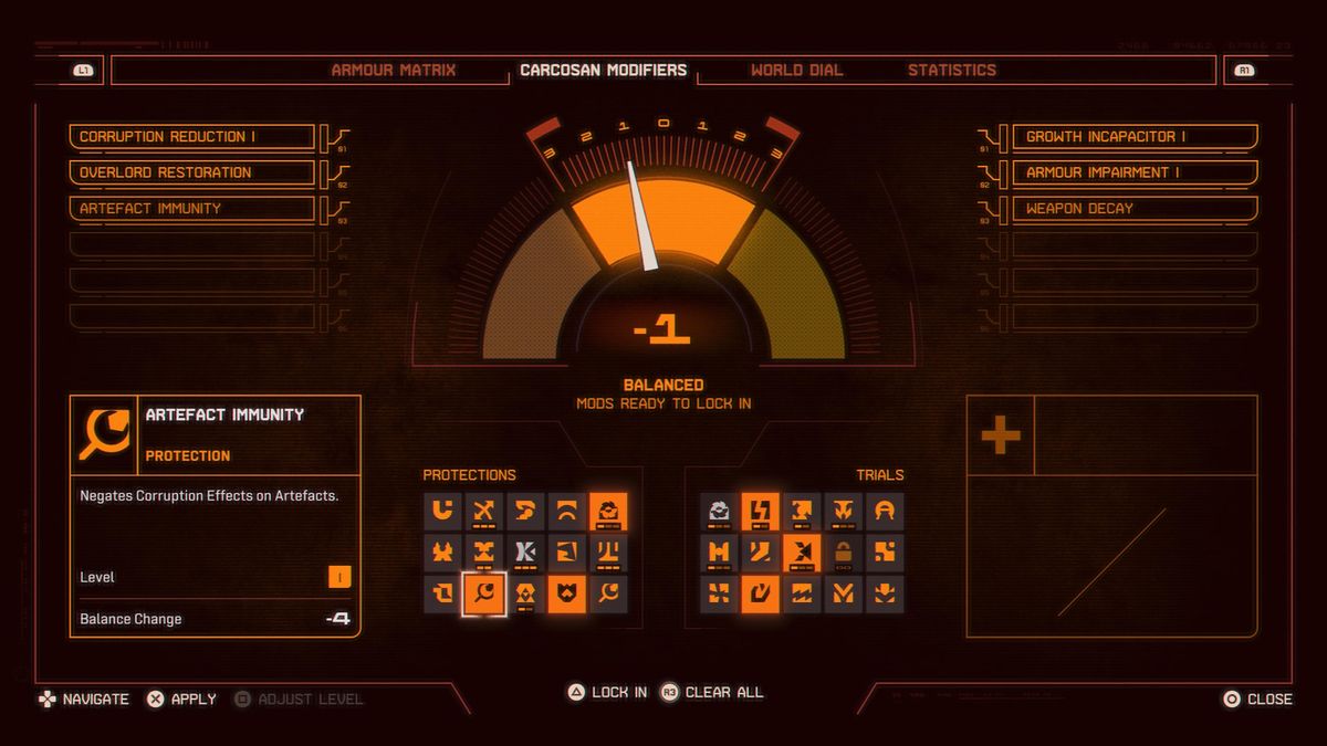 The Carcosan Modifiers screen in Saros, offering advantageous and detrimental modifiers, governed by a central scale.