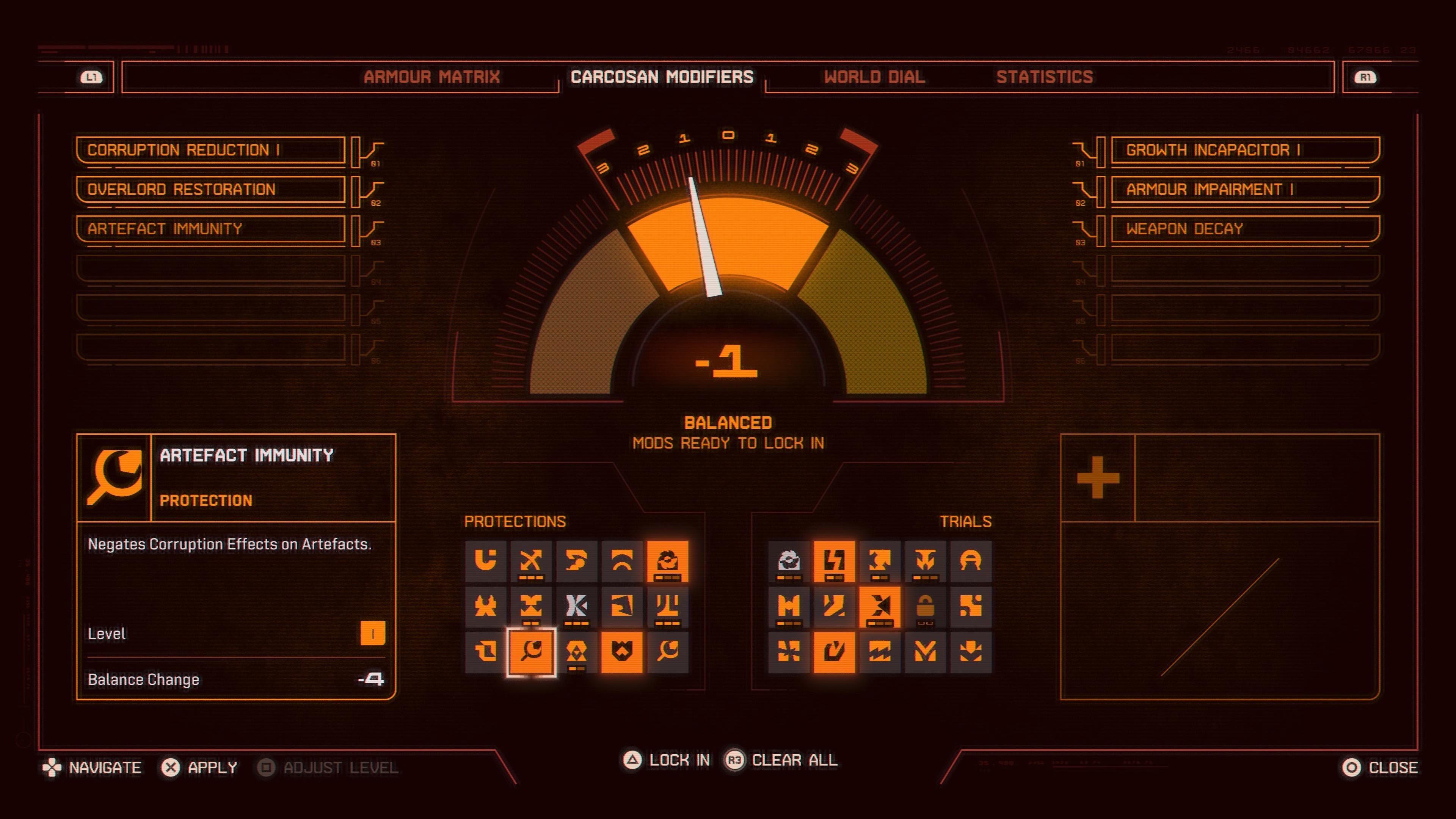 The Carcosan Modifiers screen in Saros, offering advantageous and detrimental modifiers, governed by a central scale.