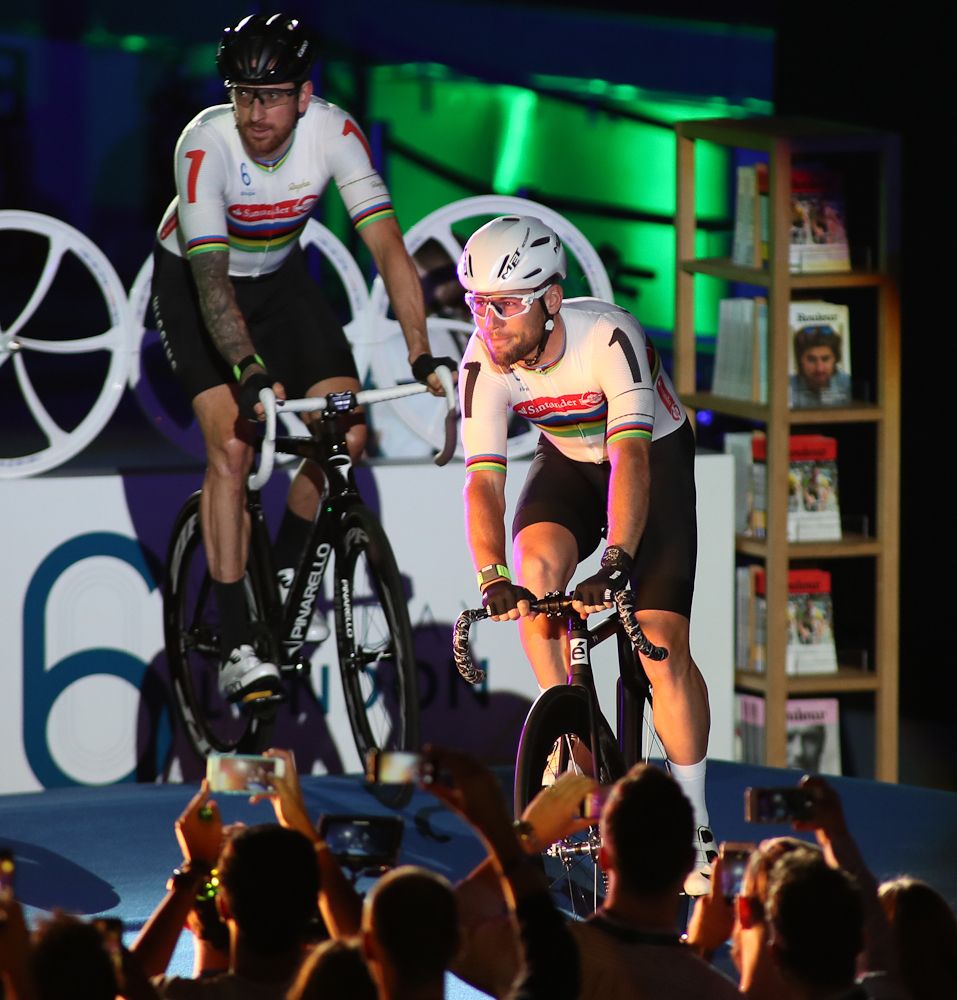 Mark Cavendish &amp; Sir Bradley Wiggins of Great Britain at the presentation of the riders during day one of the Six Day London