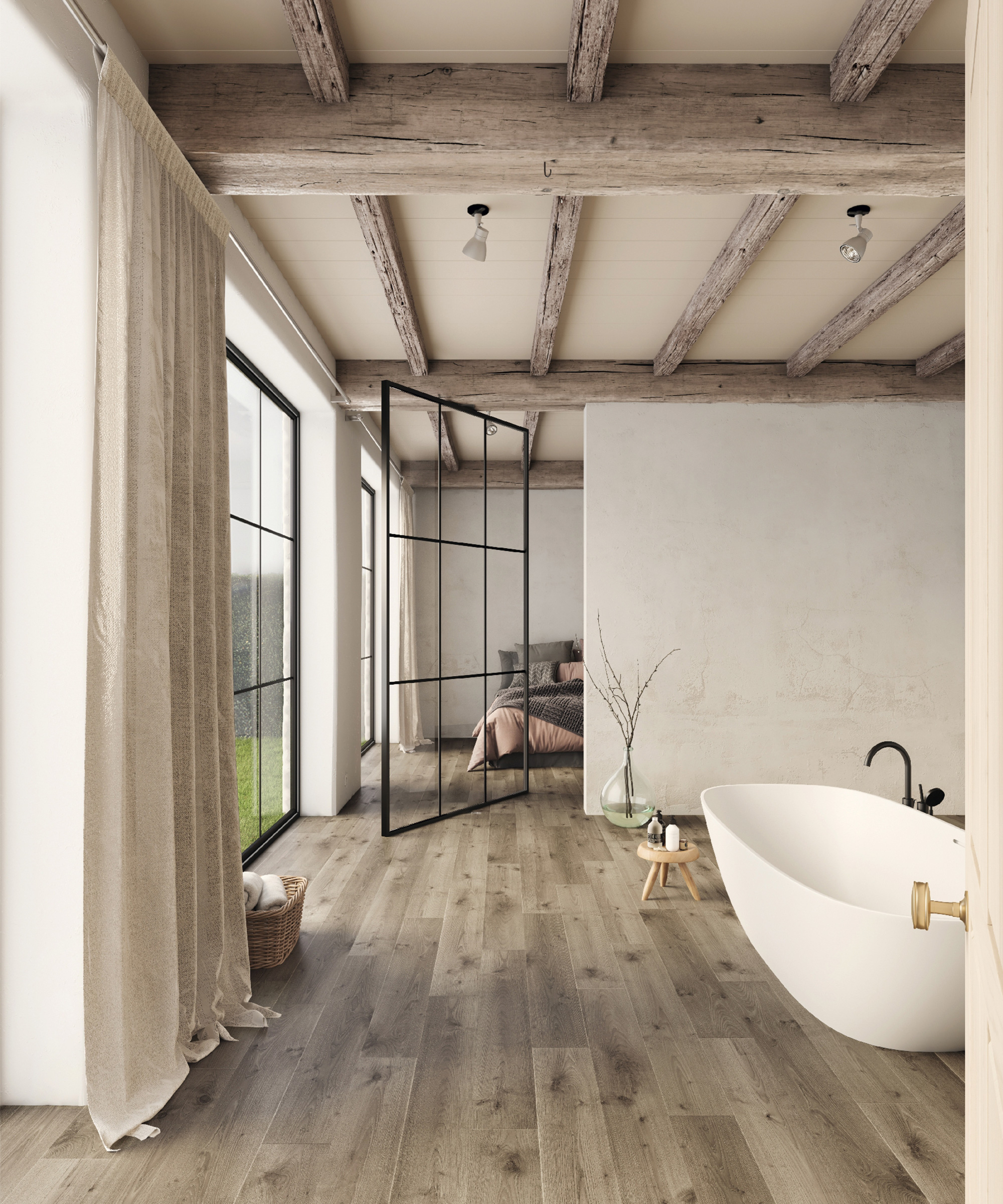 A rustic ensuite bathroom idea with wooden beams and Carpetright wooden effect LVT