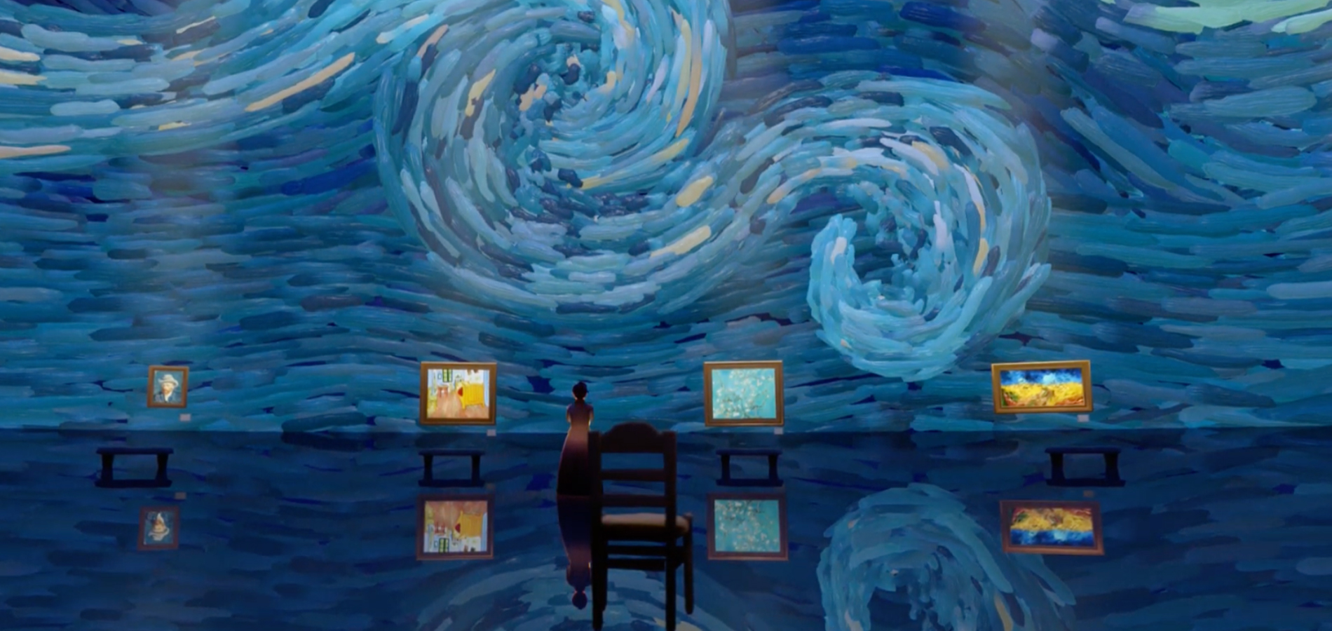 Screens and art from a game set inside Van Gogh paintings