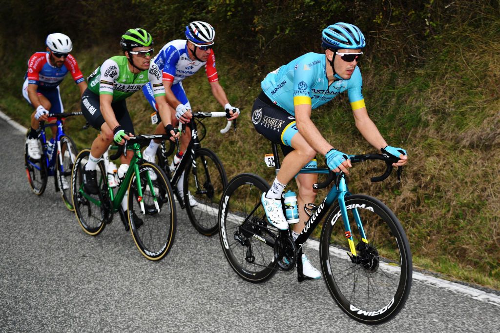 LEKUNBERRI SPAIN OCTOBER 21 Alex Aranburu Deba of Spain and Astana Pro Team Gonzalo Serrano of Spain and Team Caja RuralSeguros RGA Jonathan Hivert of France and Team Total Direct Energie Bruno Armirail of France and Team Groupama FDJ Breakaway during the 75th Tour of Spain 2020 Stage 2 a 1516km stage from Pamplona to Lekunberri lavuelta LaVuelta20 La Vuelta on October 21 2020 in Lekunberri Spain Photo by David RamosGetty Images