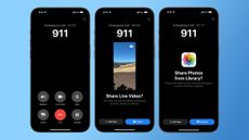 Three iPhones side-by-side, showing a feature in iOS 18 that allows a user to share a live video during a call with emergency services.