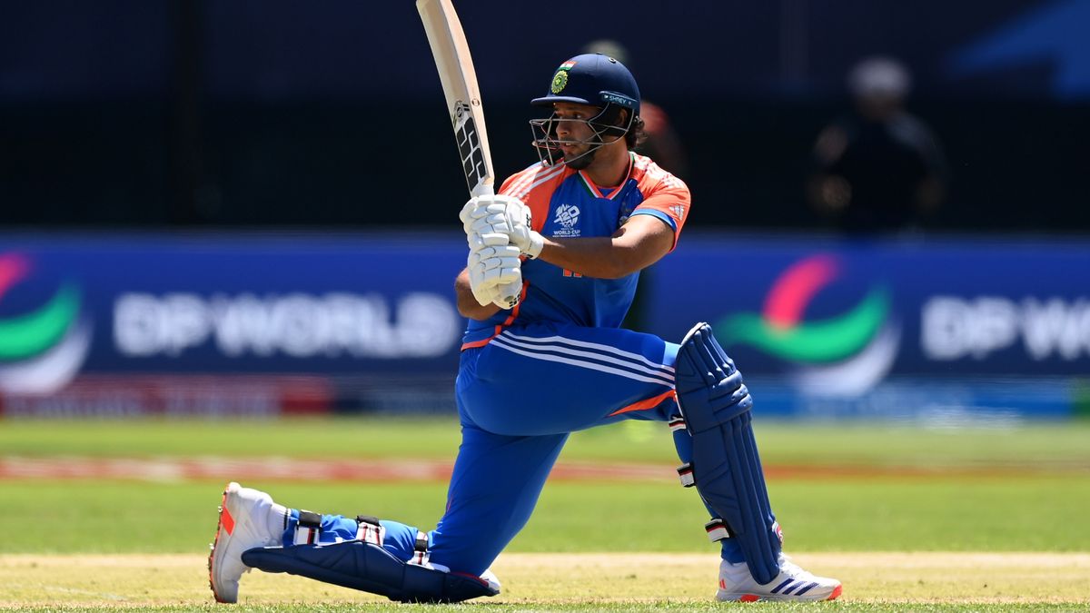 India&#039;s Shivam Dube in a T20 World Cup warm-up game against Bangladesh.