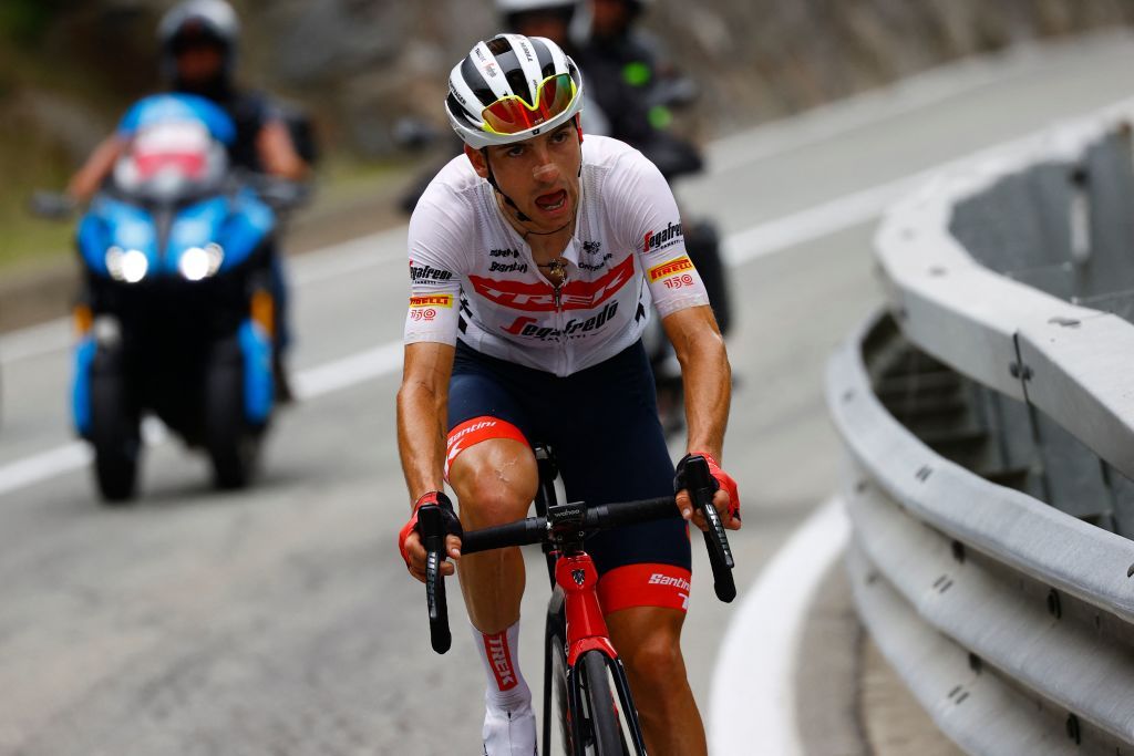 Team Treks Italian rider Giulio Ciccone rides in the last ascent during his oneman breakaway in the 15th stage of the Giro dItalia 2022 cycling race 177 kilometers from Rivarolo Canavese Piedmont to Cogne Aosta Valley on May 22 2022 Photo by Luca Bettini AFP Photo by LUCA BETTINIAFP via Getty Images