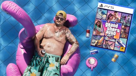 Someone sunbathing in a pink flamingo float on a pool, beside a copy of GTA 6