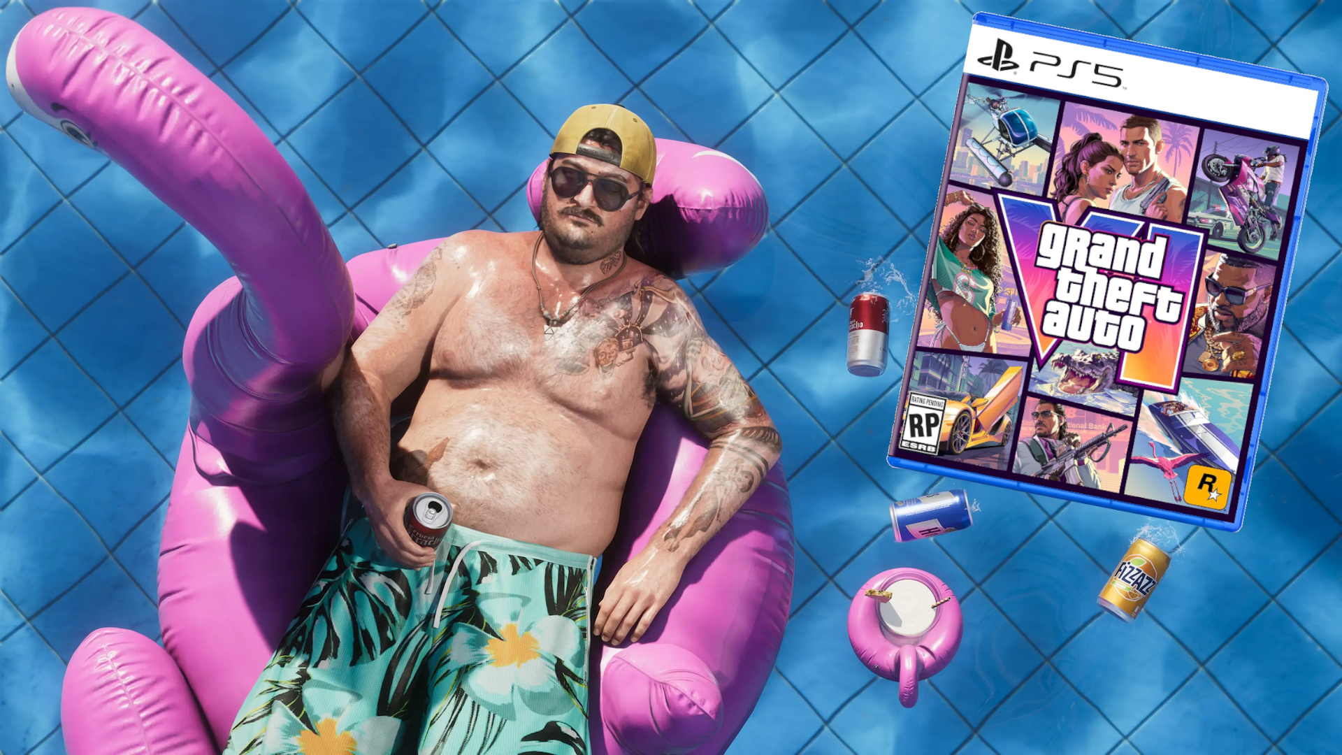 Someone sunbathing in a pink flamingo float on a pool, beside a copy of GTA 6