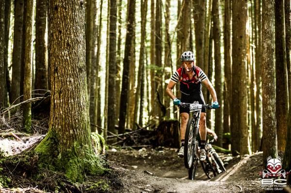 Aaron Elwell of Twin Six takes flight on the lower section of the Half Nelson trail.