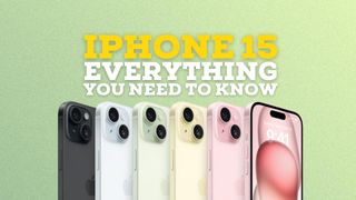 iPhone 15 in all five colors with green background and yellow text